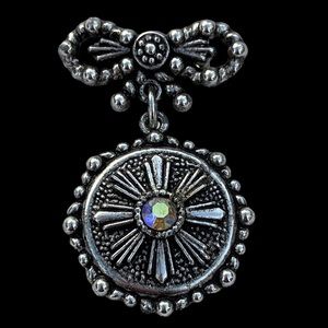 Vintage Bow and Medallion Brooch Pin Aurora Borealis Rhinestone